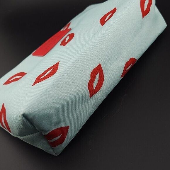 Clinique x Kate Spade Cosmetics Makeup Travel Bag Aqua & Red Lips Print - Picture 2 of 4